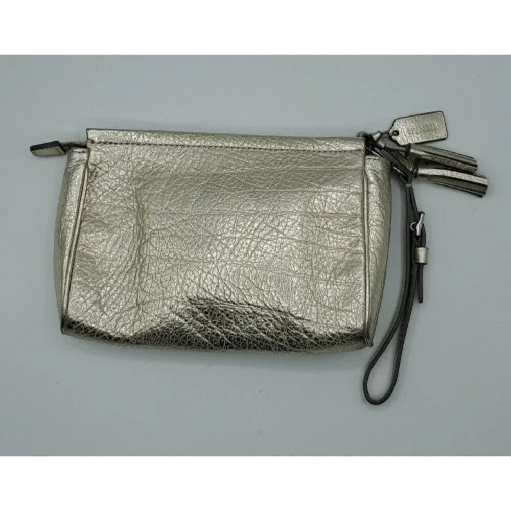 Coach Pebbled Gold Leather Small Zip Tassel Wristlet Removable Strap